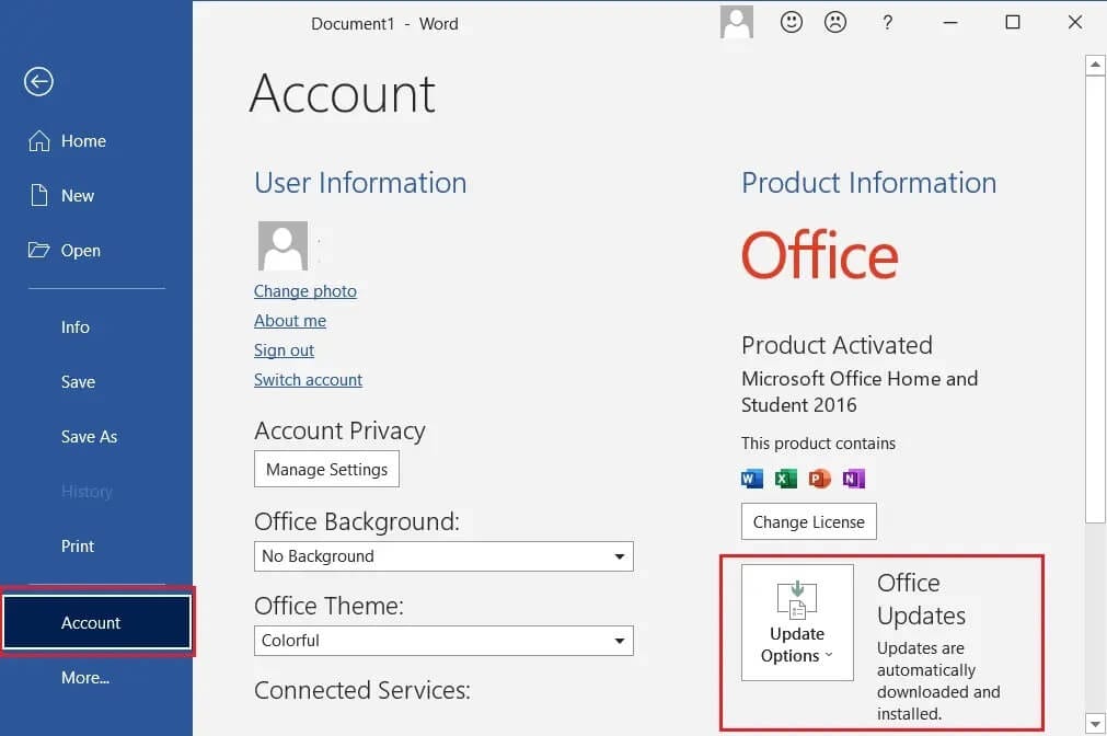 File-then-go-to-Accounts-then-click-on-Update-Options-in-Microsoft-Word إصلاح استمرار Microsoft Teams في إعادة التشغيل
