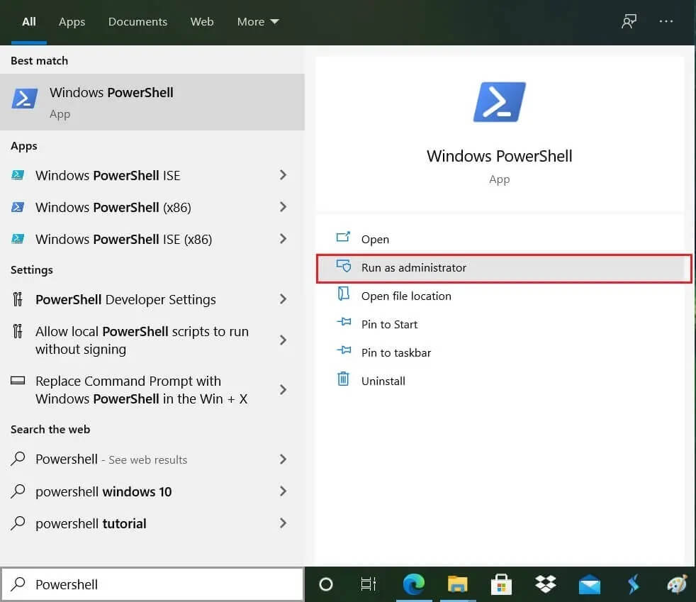 In-the-Windows-search-type-Powershell-then-right-click-on-Windows-PowerShell كيف ترى وقت تشغيل النظام في Windows 10