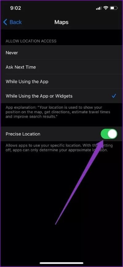 Precise-Location-in-iPhone_40dd5eab97016030a3870d712fd9ef0f أفضل 7 طرق لإصلاح عدم ظهور الطريق على Google Maps