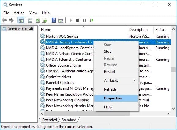 Right-click-on-NVIDIA-Display-Container-LS-then-select-Properties كيفية تعطيل أو إلغاء تثبيت NVIDIA GeForce Experience