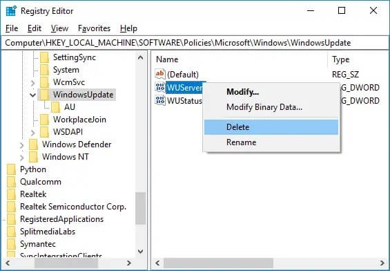 Right-click-on-WUServer-and-select-Delete كيفية إصلاح خطأ Windows Update 80072ee2
