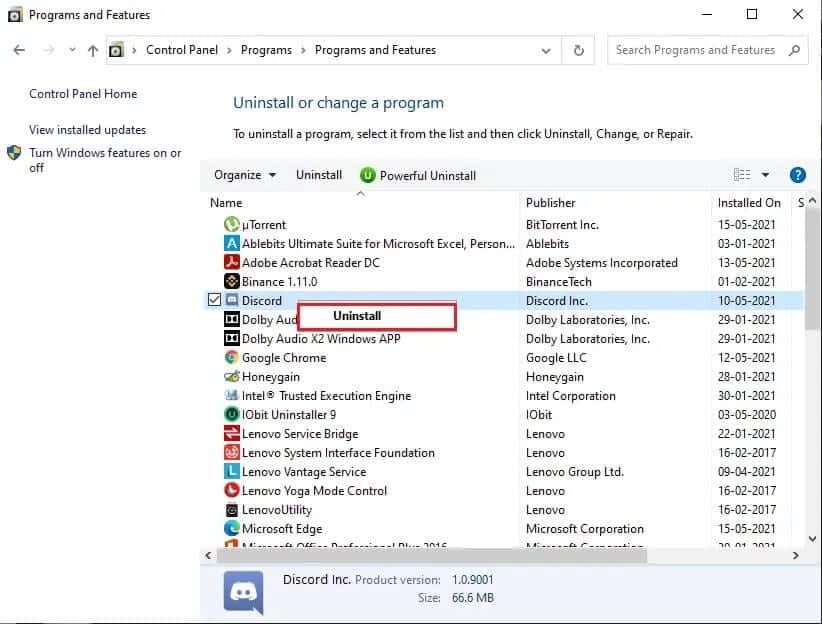 Right-click-on-discord-and-Click-on-uninstall إصلاح عدم عمل صوت مشاركة الشاشة على Discord