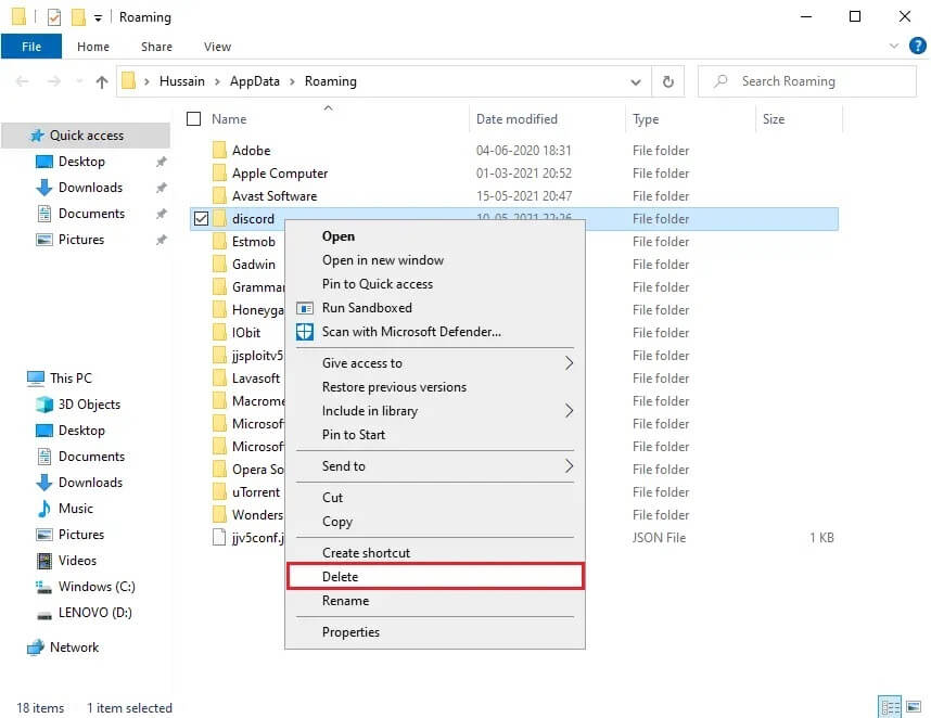Right-click-on-discord-folder-and-select-delete إصلاح عدم عمل صوت مشاركة الشاشة على Discord