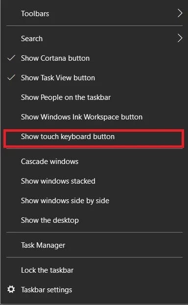 Right-click-on-the-bottom-right-side-of-the-taskbar-and-click-on-show-touch-keyboard كيفية كتابة الأحرف مع علامات التشكيل على Windows