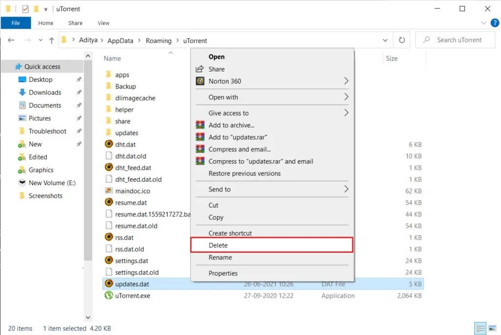 Right-click-on-the-updates.dat-file-and-select-Delete-1024x684-1 كيفية إصلاح الوصول إلى uTorrent مرفوض