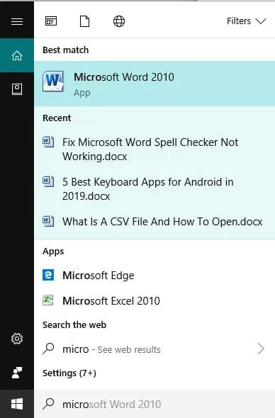 Search-for-Microsoft-Word-using-search-bar إصلاح استمرار Microsoft Teams في إعادة التشغيل