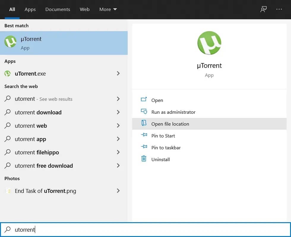 Search-for-uTorrent-then-click-on-Open-file-location كيفية إصلاح الوصول إلى uTorrent مرفوض