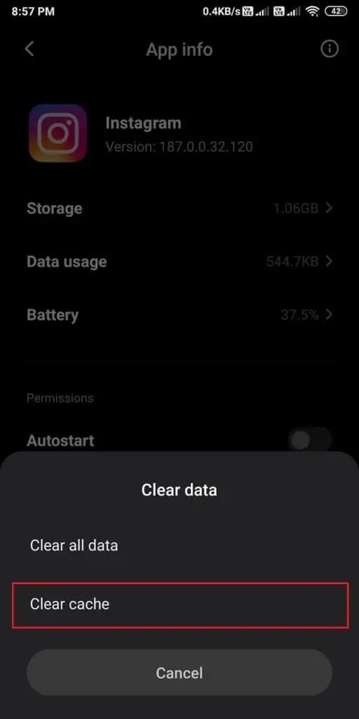 Select-Clear-cache-for-the-pop-up-menu-512x1024-1 كيفية إصلاح خطأ Instagram لا يسمح لي بتسجيل الدخول