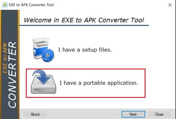 Select-I-have-a-portable-application-and-then-click-on-Next كيفية تحويل EXE إلى APK