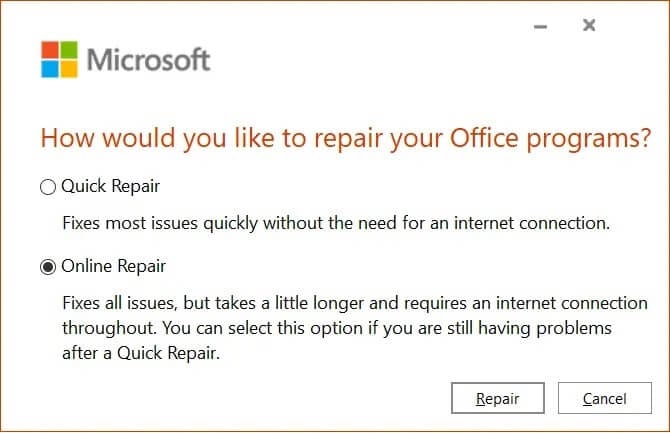 Select-Online-Repair-to-fix-any-issues-with-Microsoft-Office إصلاح استمرار Microsoft Teams في إعادة التشغيل
