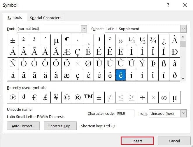 Select-the-symbol-you-want-to-add-and-click-on-insert كيفية كتابة الأحرف مع علامات التشكيل على Windows