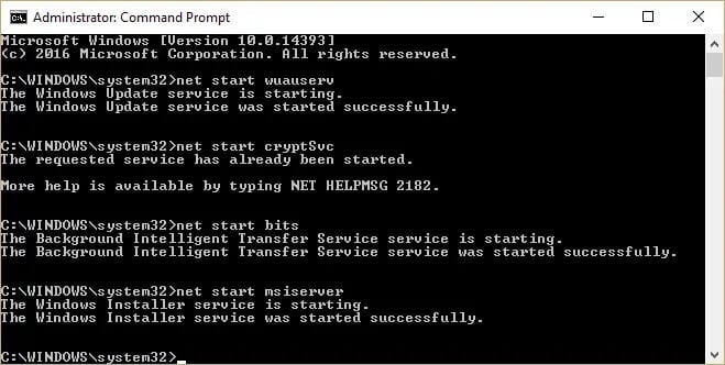 Start-Windows-update-services-wuauserv-cryptSvc-bits-msiserver كيفية إصلاح خطأ Windows Update 80072ee2