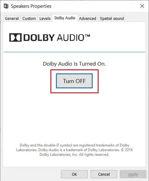 Switch-to-the-Dolby-Audio-tab-click-on-the-Turn-OFF-button. إصلاح انخفاض و ارتفاع حجم الصوت تلقائيًا في Windows 10