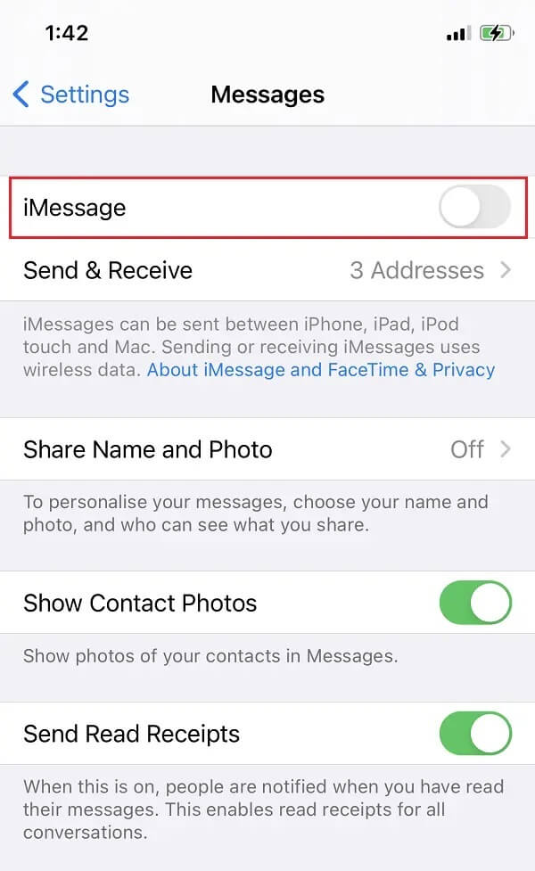 Turn-OFF-iMessages إصلاح لا يمكن إرسال رسالة نصية إلى شخص واحد