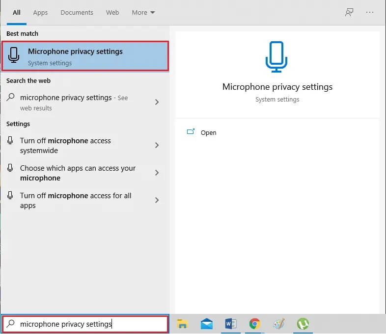 Type-Microphone-privacy-settings-in-the-search-box-and-click-on-Open إصلاح عدم عمل صوت مشاركة الشاشة على Discord