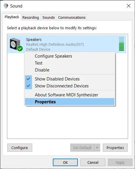 Under-Playback-tab-right-click-on-Speakers-and-select-Properites إصلاح انخفاض و ارتفاع حجم الصوت تلقائيًا في Windows 10