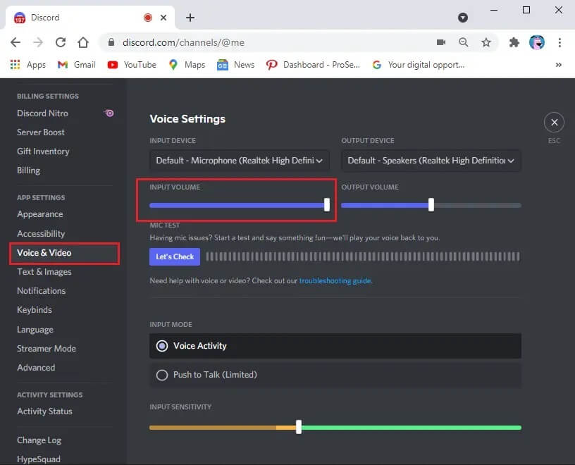 Under-Voice-Settings-drag-the-input-volume-slider-to-a-high-value إصلاح عدم عمل صوت مشاركة الشاشة على Discord