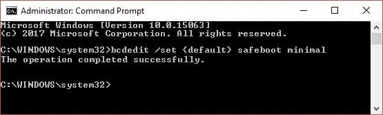 bcdedit-set-default-safeboot-minimal-in-cmd-to-boot-PC-in-Safe-Mode كيفية التمهيد إلى الوضع الآمن في Windows 10