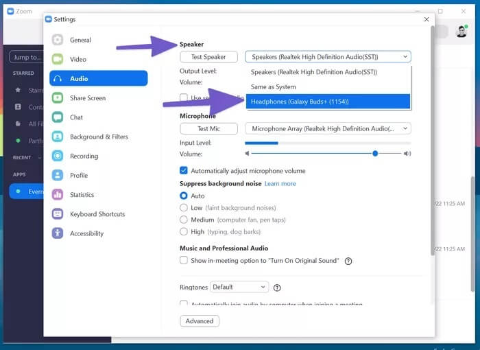 change-audio-output-on-zoom_935adec67b324b146ff212ec4c69054f أفضل 9 طرق لإصلاح عدم اكتشاف Windows 10 لسماعات الرأس