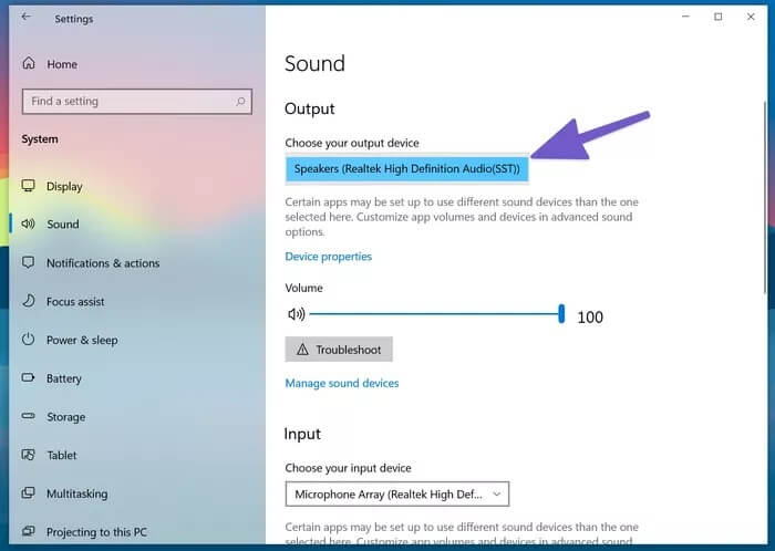 change-output-device_935adec67b324b146ff212ec4c69054f أفضل 9 طرق لإصلاح عدم اكتشاف Windows 10 لسماعات الرأس