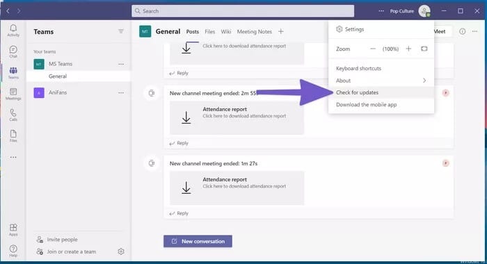 check-for-teams-updates_935adec67b324b146ff212ec4c69054f أفضل 8 طرق لإصلاح عدم عمل مشاركة شاشة Microsoft Teams على Windows 10