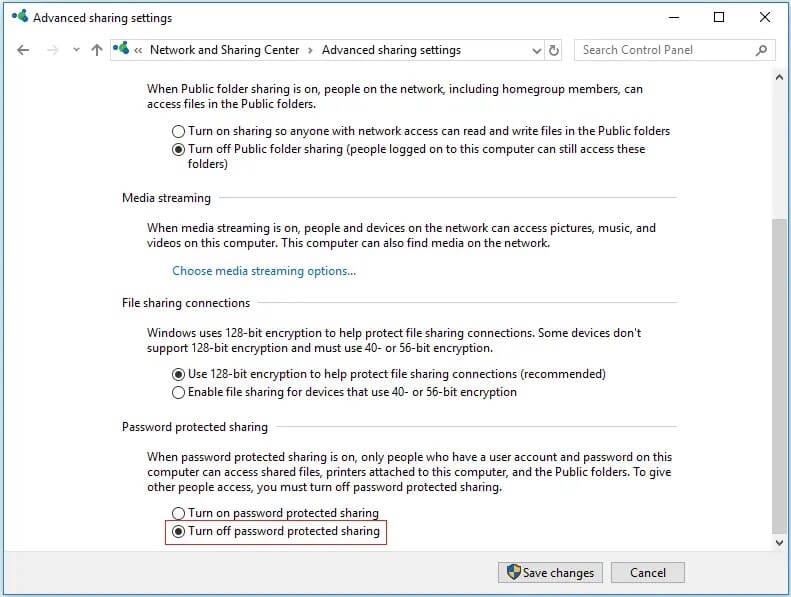 check-to-Turn-off-password-protected-sharing إصلاح عدم عمل Windows 10 File Sharing