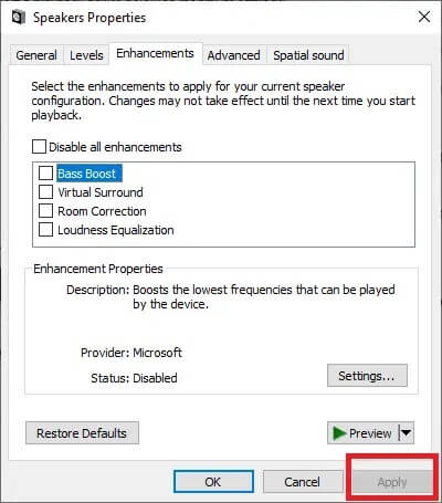 click-apply-to-save-your-changes إصلاح انخفاض و ارتفاع حجم الصوت تلقائيًا في Windows 10