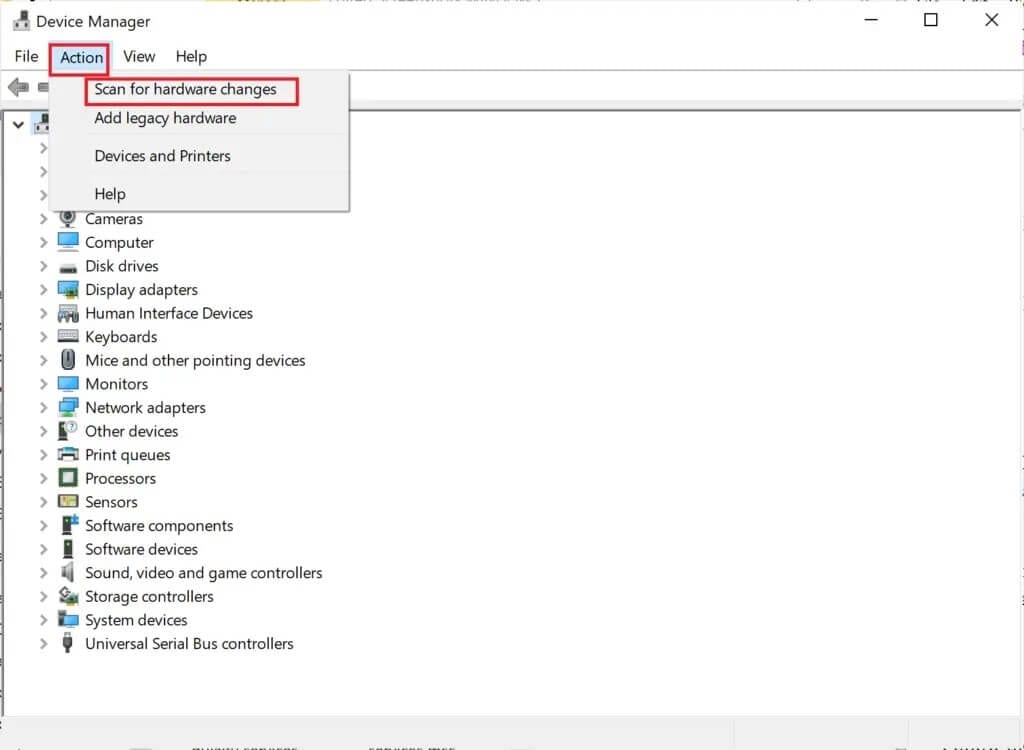 click-on-the-action-tab-then-select-scan-for-hard-1024x750-1 إصلاح لم يتم اكتشاف بطاقة الرسومات كرت الشاشة على Windows 10