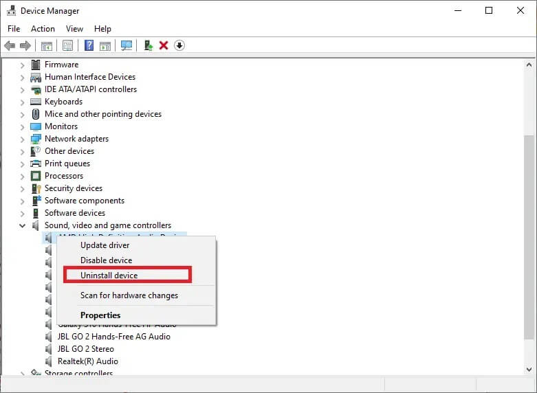 click-the-uninstall-device-option إصلاح انخفاض و ارتفاع حجم الصوت تلقائيًا في Windows 10
