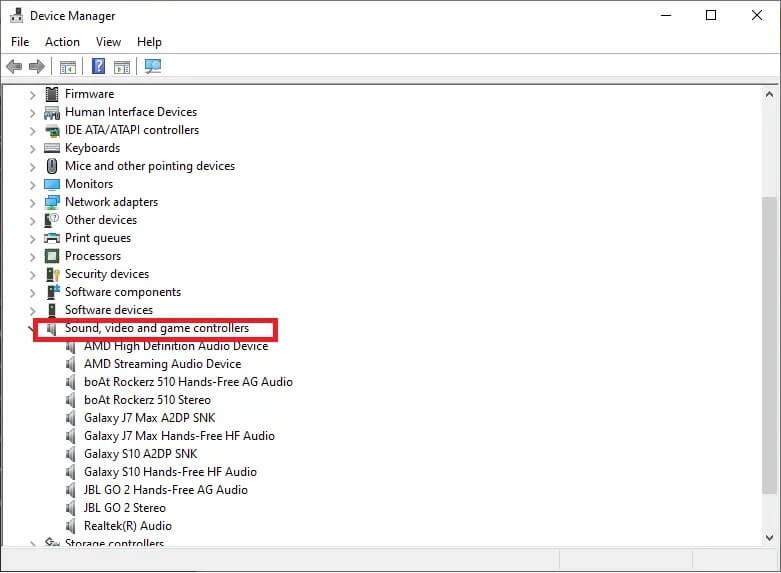 expand-the-tab-of-sound-video-and-game-control إصلاح مشكلة وميض المؤشر على نظام التشغيل Windows 10