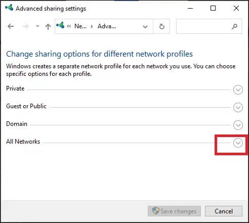 here-click-on-the-down-arrow-corresponding-to-all إصلاح عدم عمل Windows 10 File Sharing