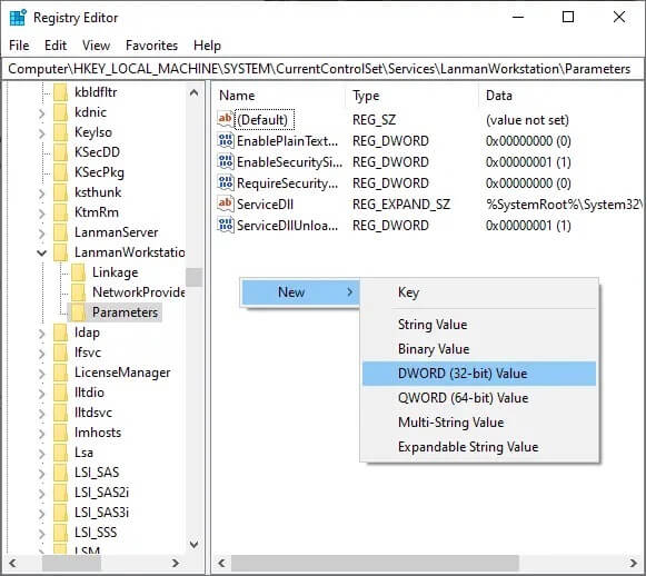 if-the-allowinsecureguestauth-key-does-not-appear إصلاح عدم عمل Windows 10 File Sharing