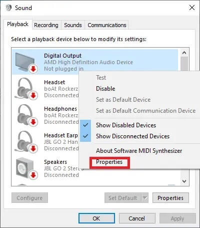 in-the-playback-tab-select-the-playback-device-tha إصلاح انخفاض و ارتفاع حجم الصوت تلقائيًا في Windows 10