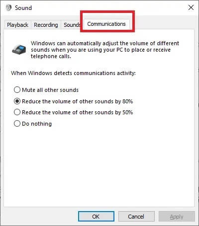 navigate-to-the-communications-tab-inside-the-soun إصلاح انخفاض و ارتفاع حجم الصوت تلقائيًا في Windows 10