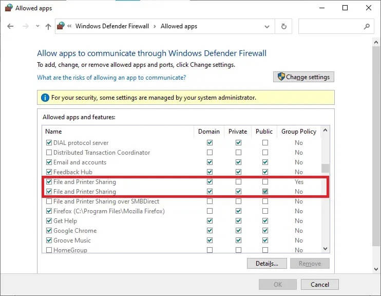 now-check-file-and-printer-sharing-in-allowed-app إصلاح عدم عمل Windows 10 File Sharing