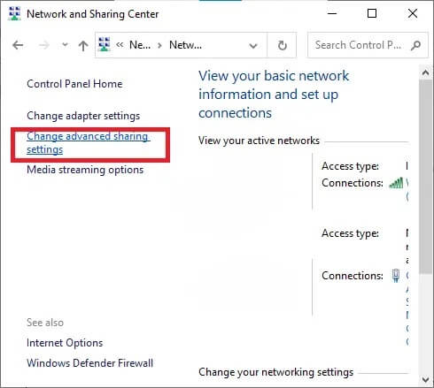 now-click-on-change-advanced-sharing-settings إصلاح عدم عمل Windows 10 File Sharing
