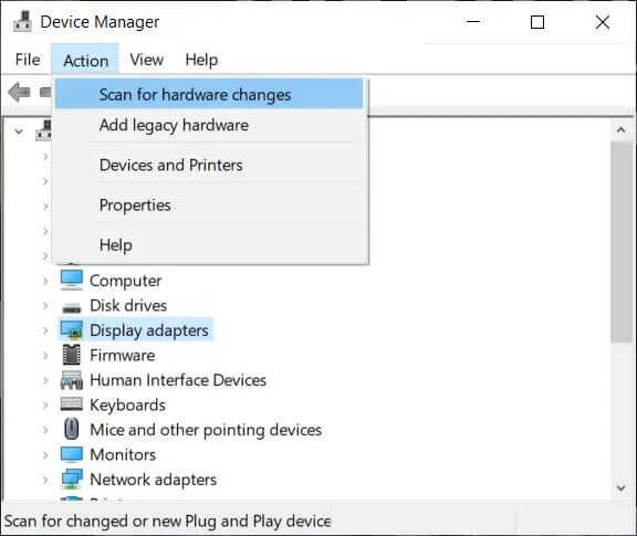 on-the-action-tab-click-on-scan-for-hardware-changes كيفية إصلاح خطأ الطابعة لا تستجيب في Windows 10