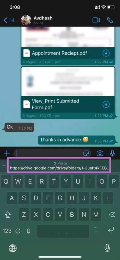 paste-google-drive-link-in-whatsapp_40dd5eab97016030a3870d712fd9ef0f أفضل طريقتين لإرسال مقاطع فيديو عالية الجودة في WhatsApp على iPhone و Android