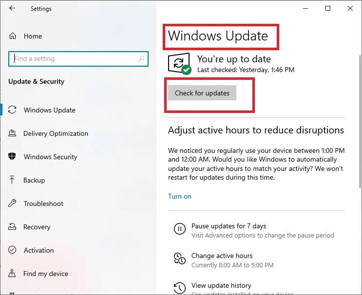 press-the-check-for-updates-button- كيفية إصلاح خطأ الطابعة لا تستجيب في Windows 10