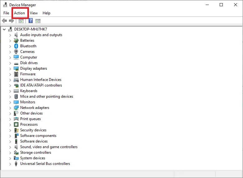 reopen-device-manager-and-click-on-the-action-sect كيفية إصلاح خطأ الطابعة لا تستجيب في Windows 10