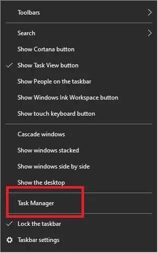 right-click-on-the-taskbar-and-select-task-manager إصلاح مشكلة وميض المؤشر على نظام التشغيل Windows 10
