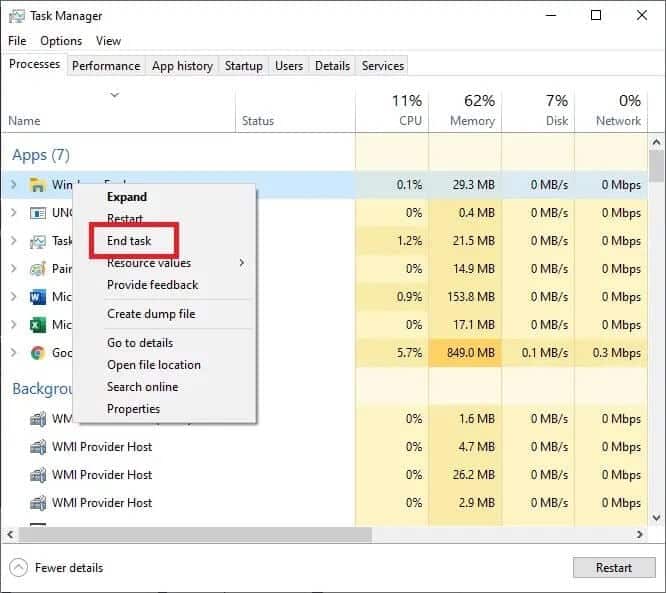 right-click-on-the-windows-explorer-and-select-end إصلاح مشكلة وميض المؤشر على نظام التشغيل Windows 10