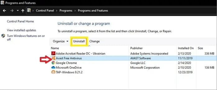 select-avast-free-antivirus-and-select-uninstall- إصلاح فشل تعريف الفيروسات في برنامج Avast Antivirus