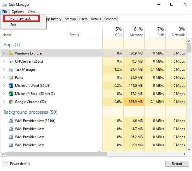 select-run-new-task-from-the-file-menu إصلاح مشكلة وميض المؤشر على نظام التشغيل Windows 10