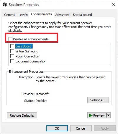 select-the-enhancement-tab-and-check-the-disable إصلاح انخفاض و ارتفاع حجم الصوت تلقائيًا في Windows 10