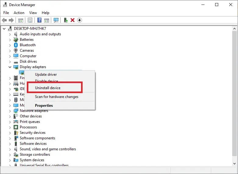 select-the-uninstall-device-option-1-1 كيفية إصلاح خطأ DirectX الفادح في Final Fantasy XIV
