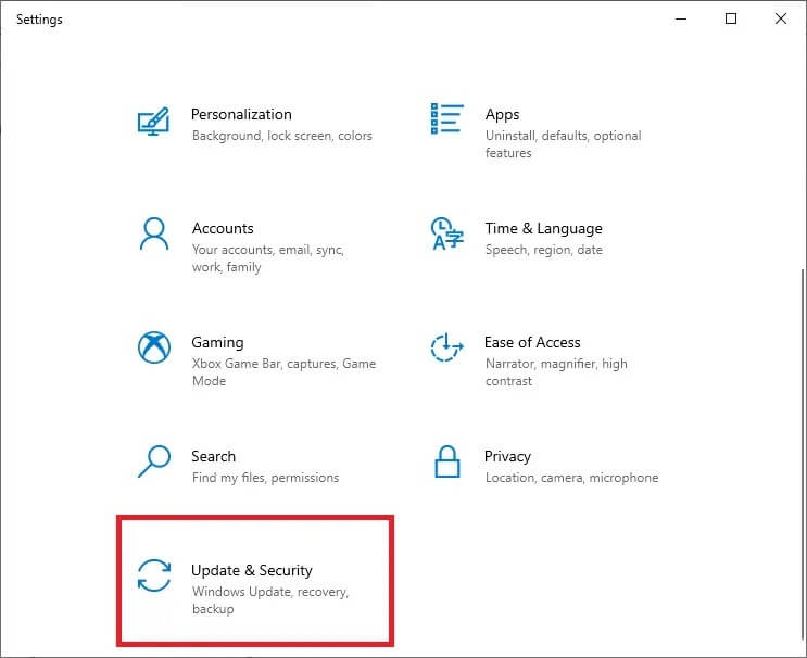 select-update-and-security- كيفية إصلاح خطأ الطابعة لا تستجيب في Windows 10
