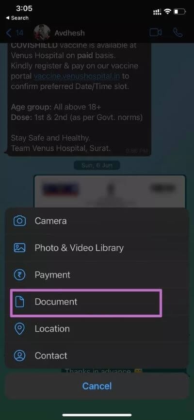 send-document-on-whatsapp-iphone_40dd5eab97016030a3870d712fd9ef0f أفضل طريقتين لإرسال مقاطع فيديو عالية الجودة في WhatsApp على iPhone و Android