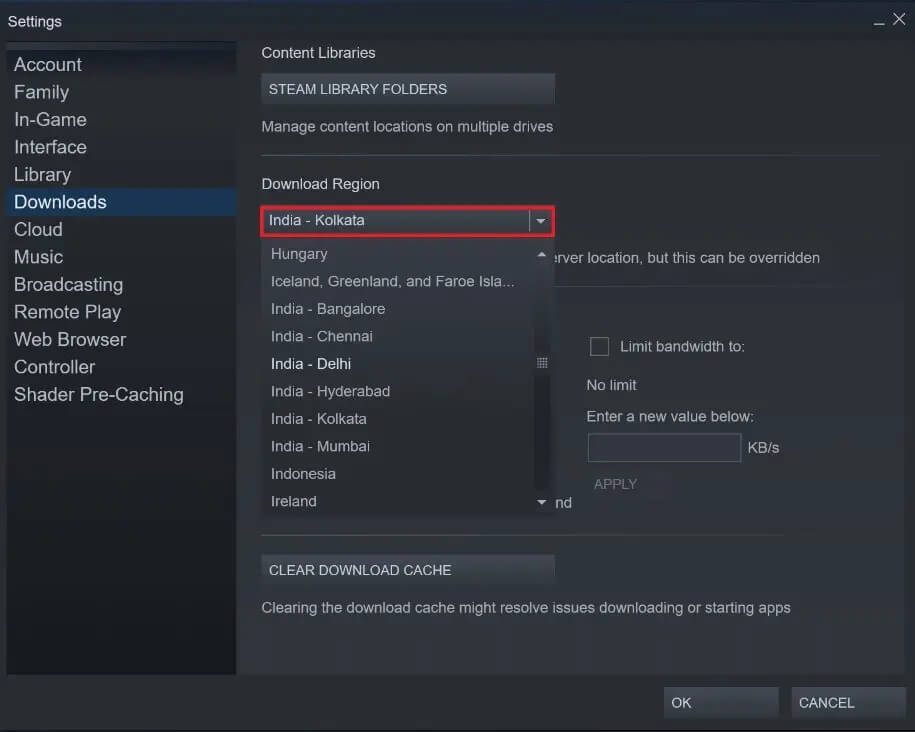 set-the-download-region-close-to-your-original-location اصلاح Steam يواجه مشكلة في الاتصال بالخوادم