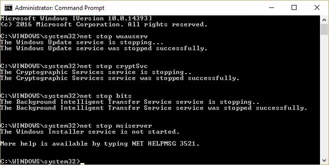 stop-Windows-update-services-wuauserv-cryptSvc-bits-msiserver كيفية إصلاح خطأ Windows Update 80072ee2